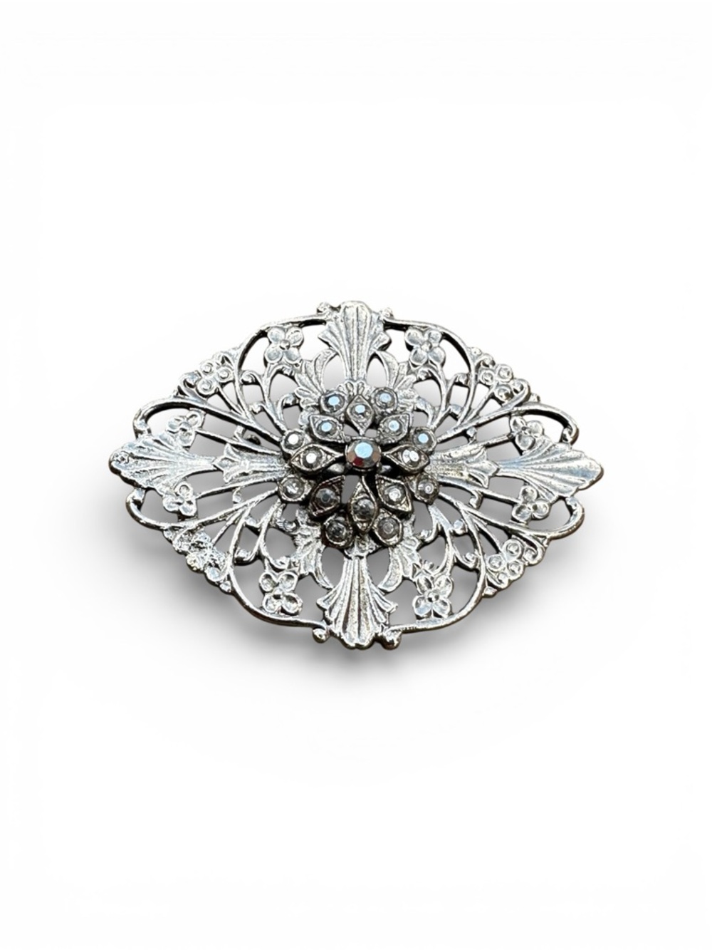 Vintage Silver Tone Filigree Rhinestone Brooch Mid Century Floral